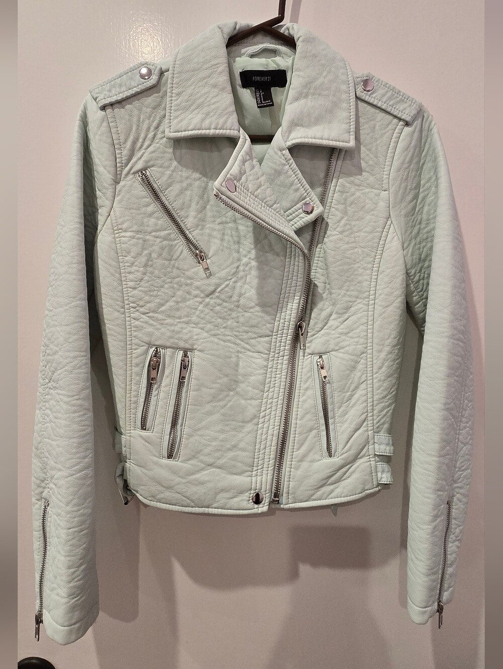 Forever 21 Mint Green Faux Leather Moto Jacket - Women's Small